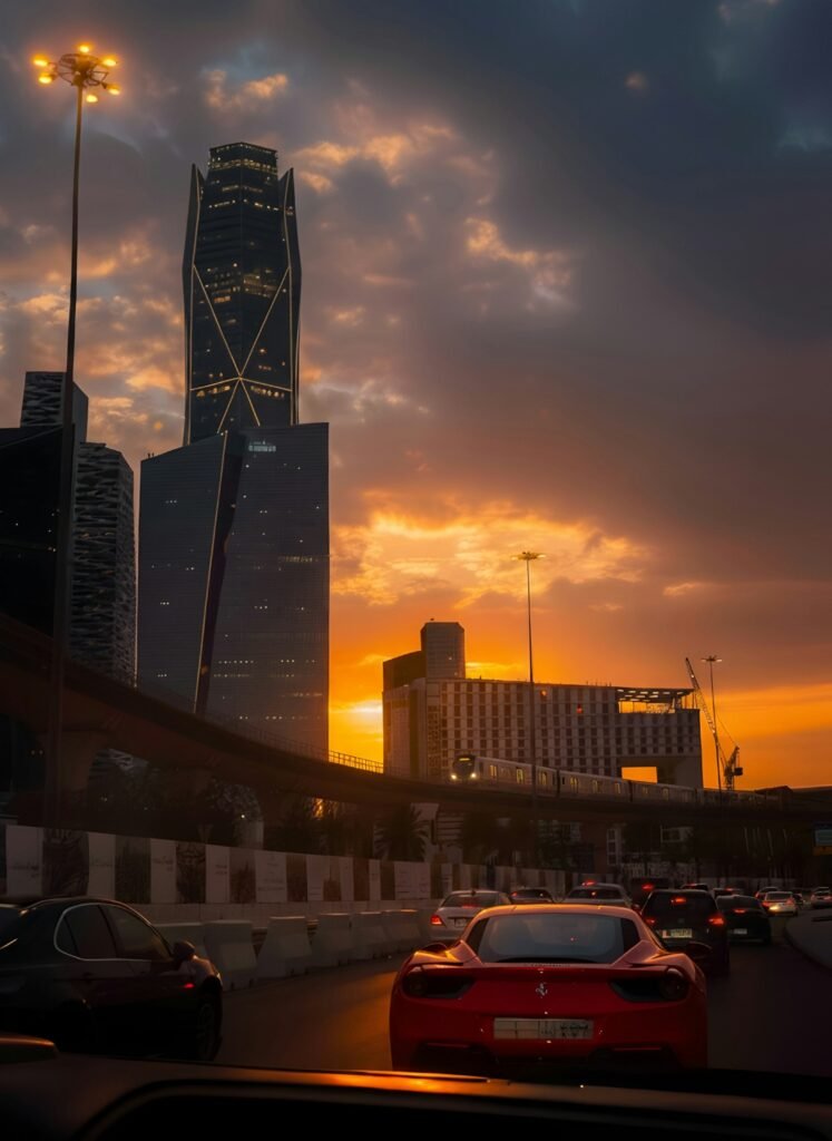 Riyadh highway and skyline at sunset