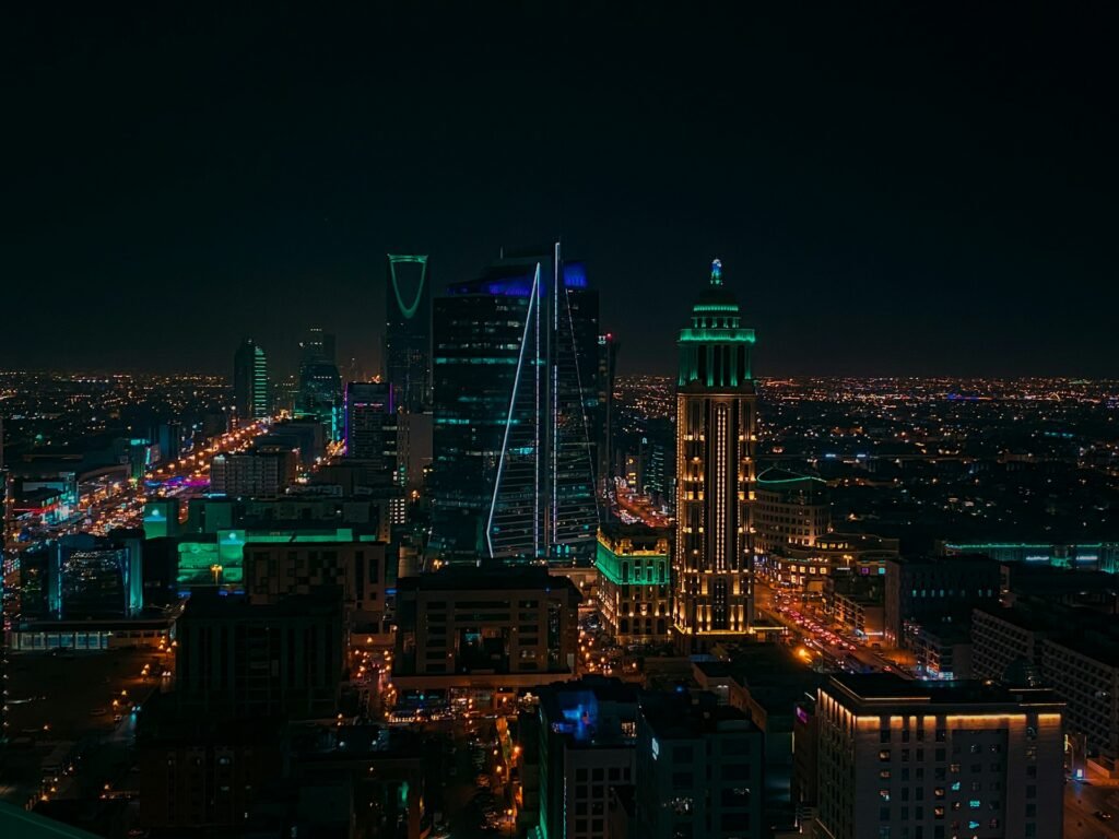 North Riyadh skyline at night with KAFD towers